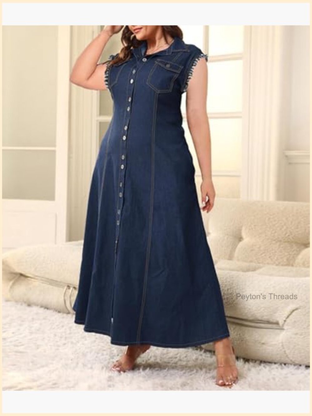 Denim Sleeveless Button Front A-Line Maxi Dress Plus Size - Picture 6 of 6